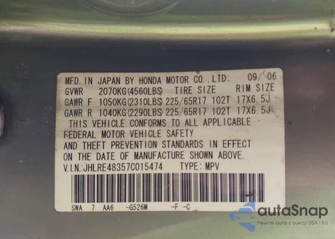 2007 Honda Cr-V Lx z USA, uszkodzony, nr VIN JHLRE48357C015474